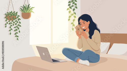 Relaxed woman engaging in digital activity with a laptop amid indoor greenery on a cozy bed with minimalistic decor