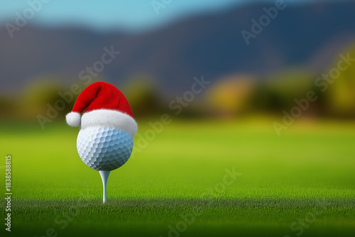 Santa hat on golf ball in scenic landscape