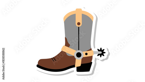 Brown leather cowboy boot with gray shaft and spur western footwear isolated on black background