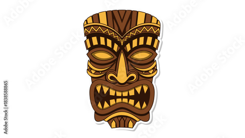 Brown Wooden Tiki Mask With Yellow Accents And Fierce Expression Isolated On Black Background