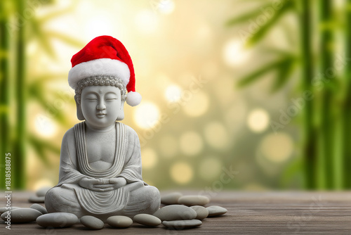 Buddha statue with santa hat amid bamboo and pebbles, celebrating festive serenity