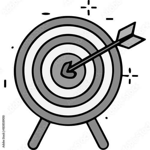 Circular Target With Arrow In The Bullseye In Shades Of Gray And White On A Black Background Representing Focus And Precision In Aiming For Goals And Objectives In Sports And Business