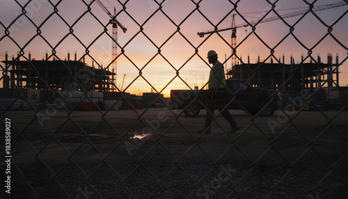 Sunset view of a construction site through a chain link fence