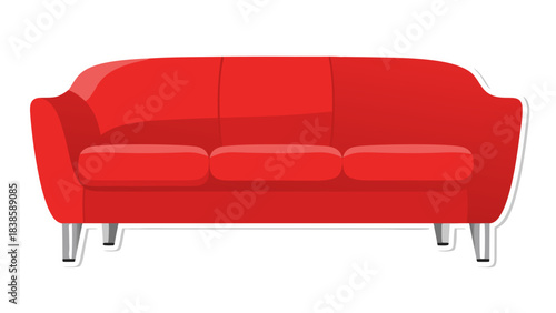 Bright Red Three Seater Sofa with Modern Design and Sleek Metal Legs on a Black Background