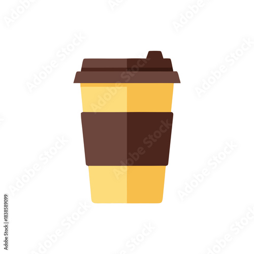 Brown and Yellow Disposable Coffee Cup with Lid and Sleeve Isolated on Black Background Flat Design Style