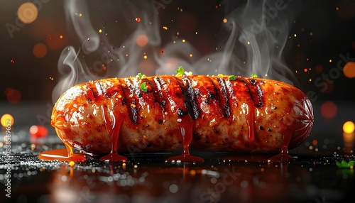 Delicious grilled sausage covered in rich sauce releases savory steam in low light
