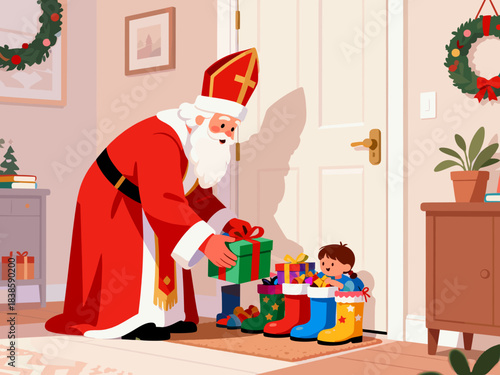 Saint Nicholas in red bishop robes with gentle festive mood secretly placing wrapped presents in children’s colorful shoes inside cozy Christmas decorated home, Saint Nicholas Day family tradition sce
