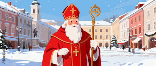 Saint Nicholas in red bishop robes with joyful festive mood standing in snowy European old town square holding golden staff on bright winter day, Saint Nicholas Day celebration scene with copy space