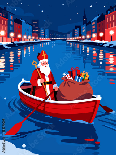Saint Nicholas in red rowing boat with calm festive mood delivering sack of Christmas gifts along snowy European canal at starry winter night, Saint Nicholas Day travel scene