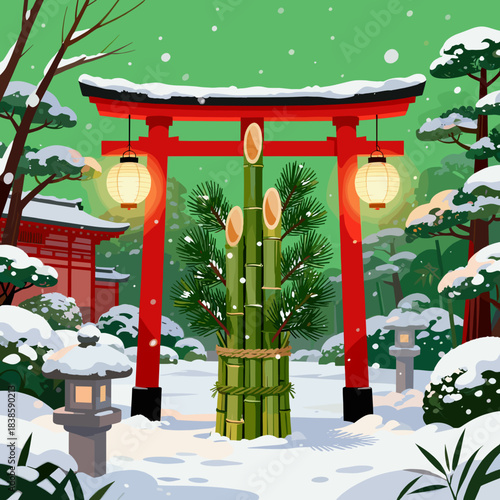 Snowy Japanese shrine garden with serene mood kadomatsu New Year decoration under red torii gate and glowing lanterns in peaceful winter landscape, words + concept