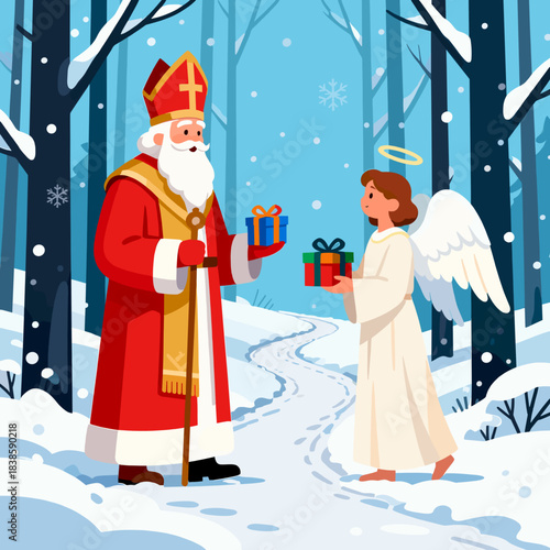 Saint Nicholas and angel in joyful winter mood exchanging festive gifts on snowy forest path, magical holiday illustration for Christmas and Saint Nicholas Day celebration