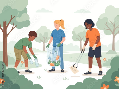 Teen Volunteers Cleaning Park and Collecting Litter – Flat Vector Illustration