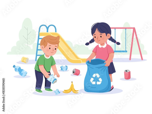 Children Cleaning Playground and Sorting Recyclable Waste.