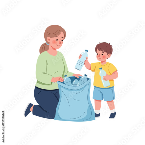 Eco-Friendly Bond: A mother and child collaborate in a shared act of environmental stewardship, placing empty plastic bottles in a recycling bag.