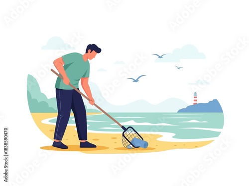 Ocean Cleanup: A dedicated individual diligently cleans a sun-kissed shoreline, removing debris to preserve the ocean's beauty. Protecting nature's beauty and showcasing environmental responsibility.