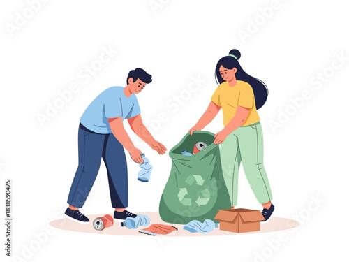 Community Cleanup: Two individuals actively engaged in environmental stewardship, collecting litter and recycling waste to preserve the planet's beauty.