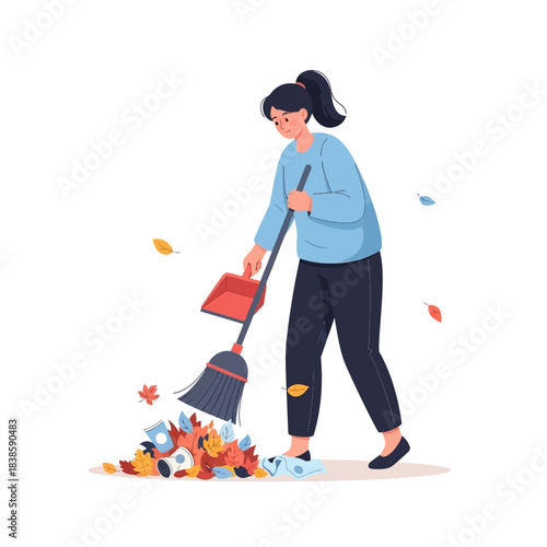Autumn Clean-Up: A woman gracefully gathers colorful fallen leaves into a neat pile, capturing the essence of the season's gentle maintenance, cleaning and tidy up.