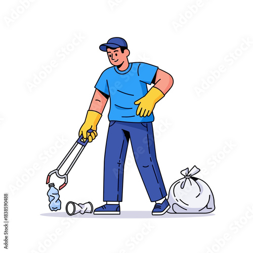 Eco-conscious endeavor: a dedicated individual meticulously picks up litter from the ground, embodying the spirit of environmental stewardship.