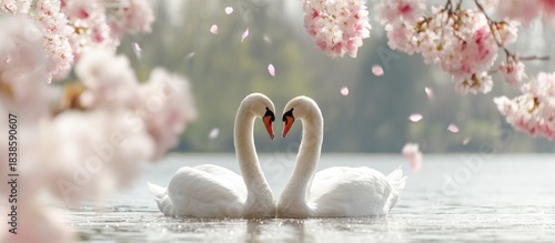 Fototapeta Naklejka Na Ścianę i Meble -  Two white swans form a heart shape on calm water surrounded by blooming trees.