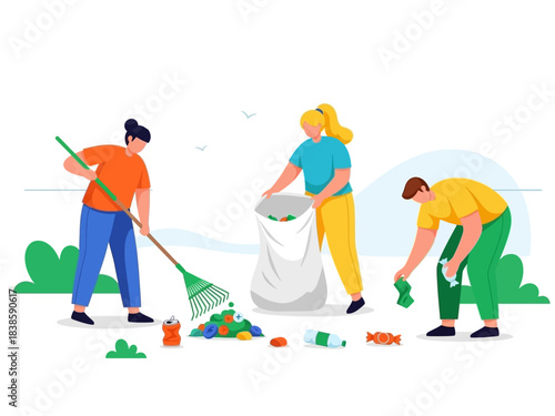 Teamwork for a Cleaner World: A group of dedicated volunteers diligently cleans up litter and waste from their community.