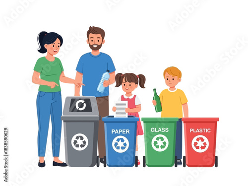 Recycling with Family: A family engaged in eco-conscious behavior, sorting waste into distinct bins for recycling, advocating environmental responsibility and sustainability.