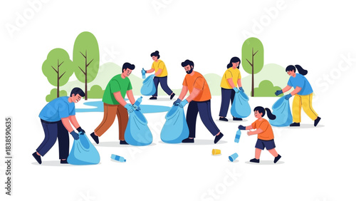 Community in Action: A vibrant illustration showcasing volunteers united in a park, collaboratively collecting litter, emphasizing the importance of environmental care and teamwork.