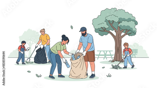 Community Clean-up: A group of volunteers, united in their commitment to environmental preservation, diligently collect litter from a park.