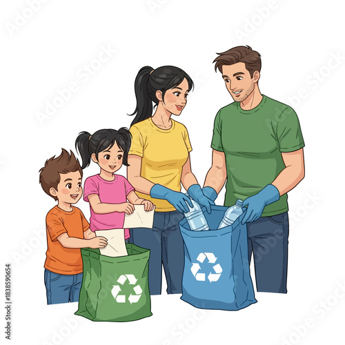 Family Recycling: A family models environmental stewardship, working together to sort recyclable materials into designated containers, demonstrating community responsibility.