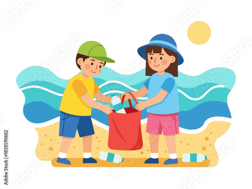 Beach Cleanup Crew: Two children, united in their mission, work to collect litter from the shore. The bright illustration shows the power of shared responsibility in preserving our beaches