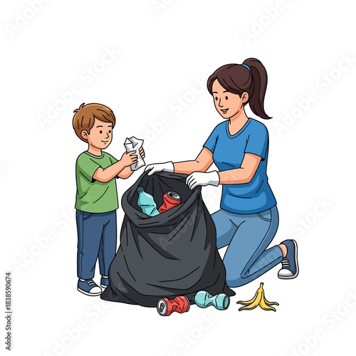 Eco-conscious Family: A mother and child collaborate harmoniously, demonstrating environmental stewardship as they collect litter together in a symbolic display of community responsibility.