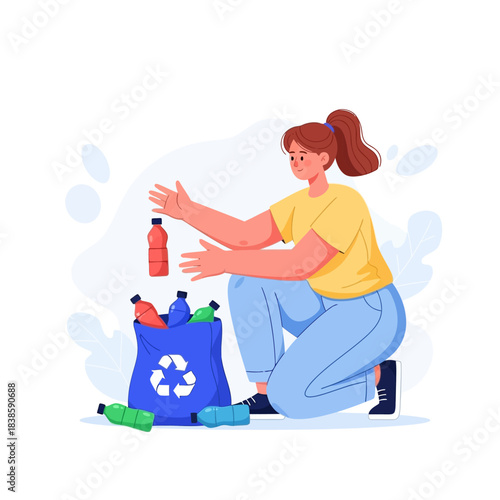 Eco-Friendly Endeavor: A focused individual actively participates in recycling by carefully placing plastic bottles into a collection bag with the universally recognized recycle symbol.