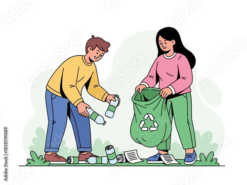 Eco-Friendly Collaboration: Two dedicated individuals actively engaged in an act of environmental preservation and community betterment, picking up trash. with a green bag with a recycle symbol.