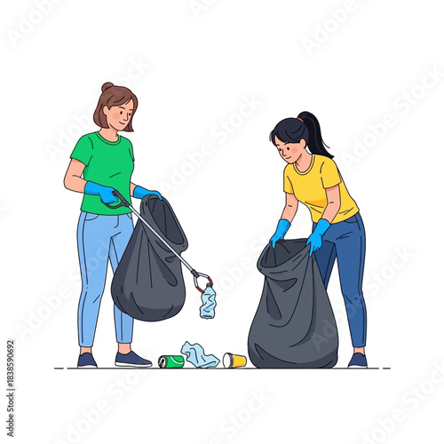 Community Cleanup: Two volunteers diligently collect trash and waste in a local park, demonstrating commitment to environmental preservation and community betterment.