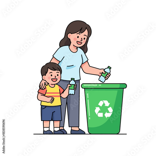 Eco-Conscious Moments: A heartwarming scene unfolds as a mother and child unite to dispose of recyclable bottles in a designated green bin, emphasizing the beauty of environmental stewardship.
