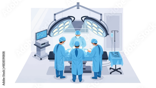 Surgical Precision: A team of skilled surgeons meticulously performs a delicate operation in a sterile operating room, illuminated by specialized lighting.