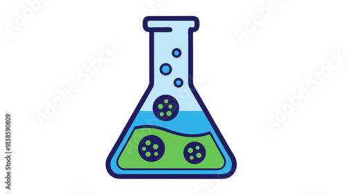 Cartoon Laboratory Flask with Blue and Green Liquid Bubbles and Circular Shapes Inside Against Black Background with Blue Outline