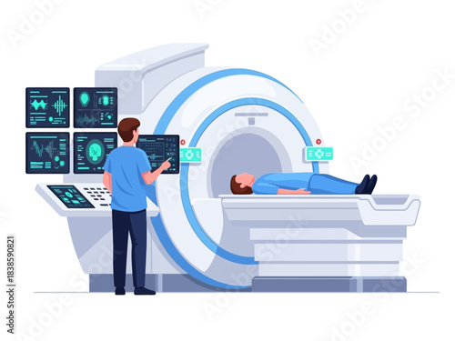 Medical Imaging Technology: A detailed illustration showcasing a person undergoing a magnetic resonance imaging (MRI) scan, highlighting the advanced medical technology and healthcare examination.