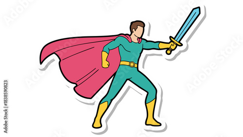 Cartoon Style Man In Teal Suit Pink Cape And Yellow Boots Holding Sword Heroic Pose With Dynamic Action And Strong Stance
