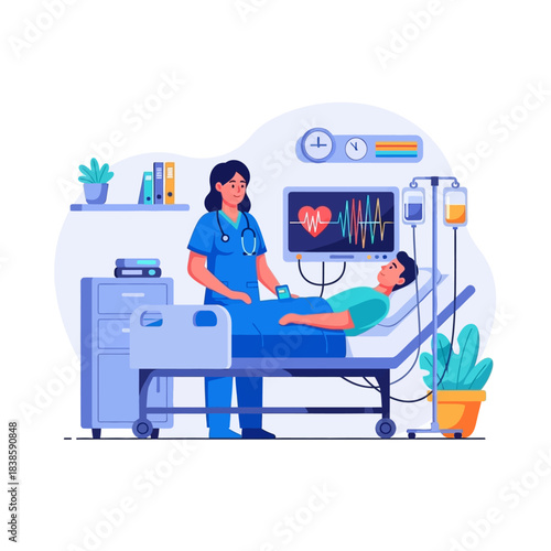 Healthcare in Action: A compassionate nurse provides attentive care to a patient in a modern hospital room. The scene is a beacon of hope and healing.