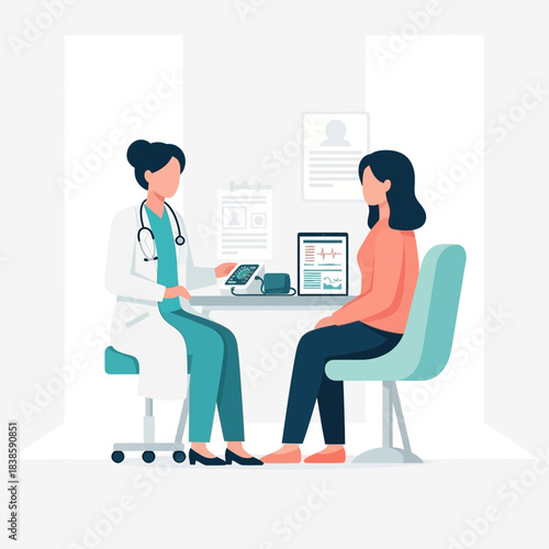 Consultation and Care: A doctor in a white coat and a stethoscope, seated behind a desk, engages in a consultation with a patient. the setting, bathed in gentle light