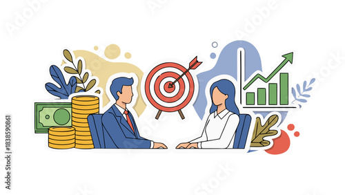 Business Meeting Aiming for Growth With Financial Success and Data Analysis On A Black Background With Illustrations Of Plants And Money