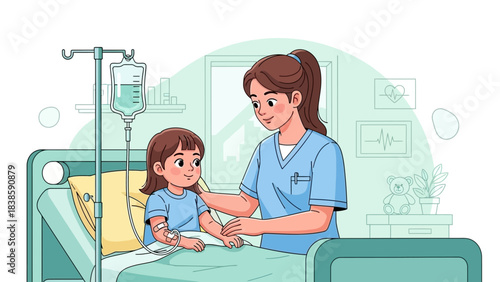 Nurse Comforting Child: A compassionate nurse comforts a child, offering support and care in a hospital setting, illustrating the dedication to well-being.