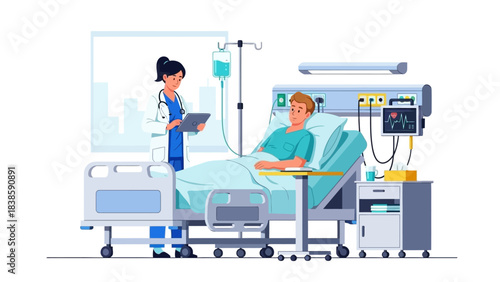 Patient Care in Hospital Room: A scene in a hospital room, showcasing a patient receiving medical care from a doctor, highlighting the importance of health and healthcare.