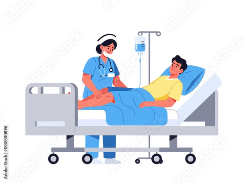 Compassionate Care: A nurse provides comfort and assistance to a patient in a hospital bed, symbolizing support and care in a medical setting.