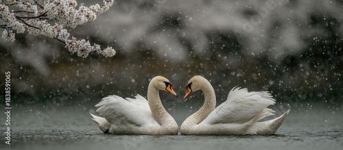 Fototapeta Naklejka Na Ścianę i Meble -  Pair of white swans form heart shape on water amidst falling snow.