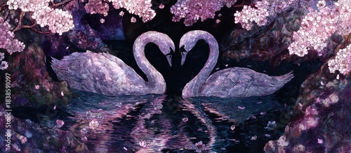 Fototapeta Naklejka Na Ścianę i Meble -  Two swans form a heart shape in serene water under blooming trees.