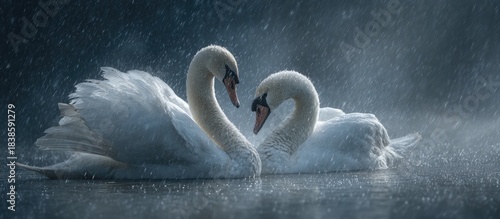 Fototapeta Naklejka Na Ścianę i Meble -  Two white swans form heart shape in rain.