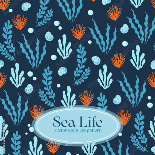 Vector Seamless Pattern of Sea Plants, Seaweeds, Corals, Seashells and Bubbles on a Dark Blue Background. Marine Botanical Underwater print