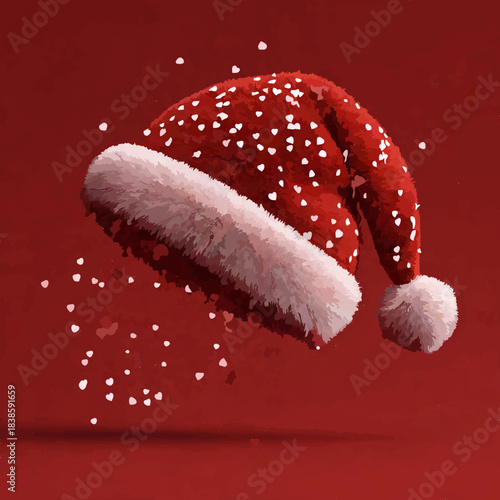 Festive Santa Hat Floating Amidst Heart Confetti on Pink Background

