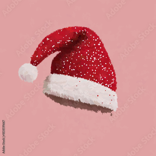 Festive Santa Hat Floating Amidst Heart Confetti on Pink Background

